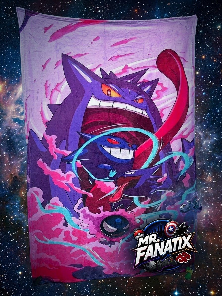Frazada viajera anime: Gengar, Haunter y Gastly de Pokémon con humo rosa — foto de la frazada real