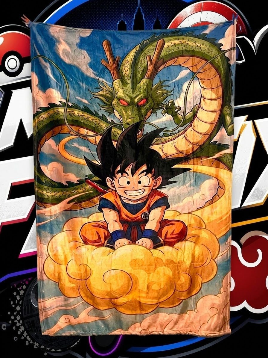 Frazada viajera anime: Goku niño sobre la nube voladora con el dragón Shenlong — foto de la frazada real