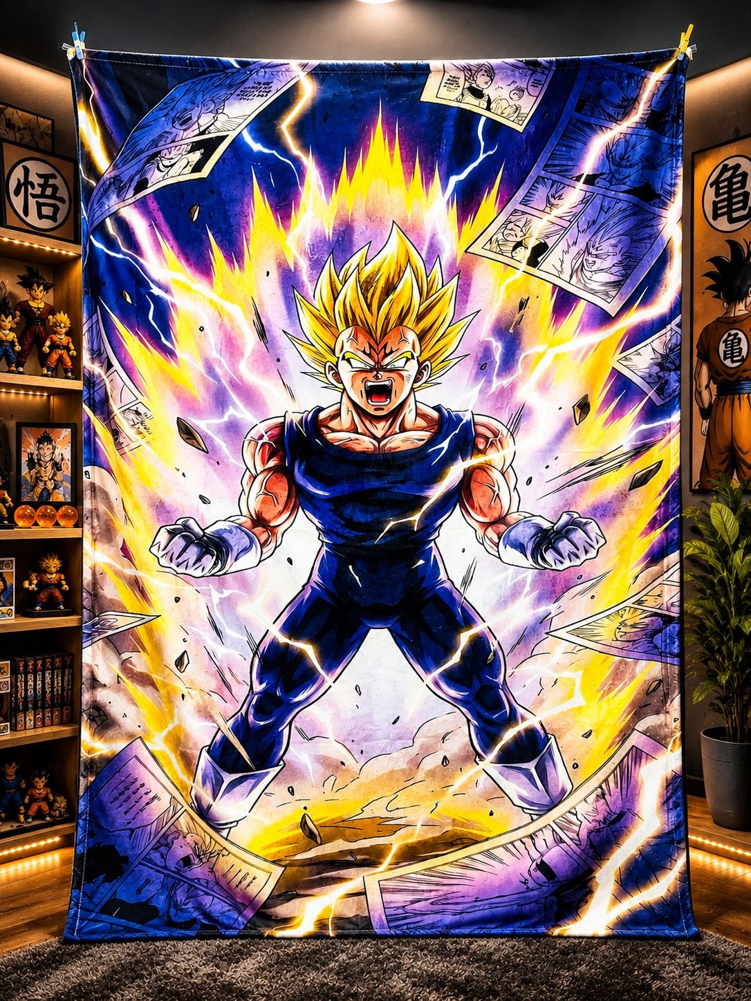 Frazada viajera anime: Majin Vegeta Super Saiyajin rodeado de relámpagos — foto de la frazada real
