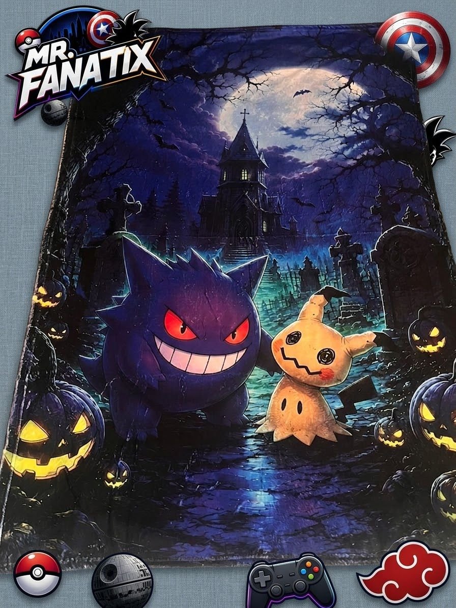Frazada viajera anime: Gengar y Mimikyu de Pokémon en un panteón con calabazas de Halloween — foto de la frazada real