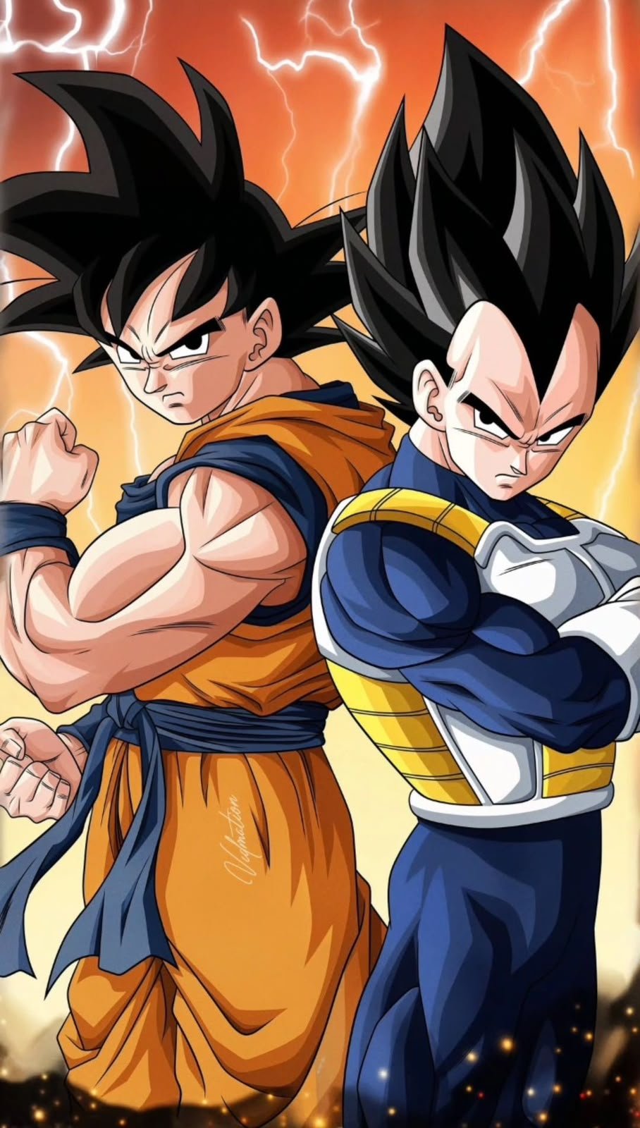 Frazada viajera anime: Goku y Vegeta espalda con espalda con relámpagos