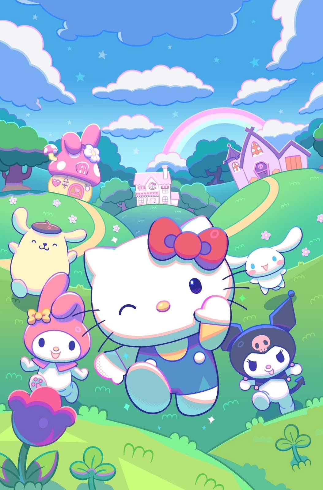 Frazada viajera de Hello Kitty con My Melody, Kuromi, Cinnamoroll y Pompompurin en un campo con arcoíris