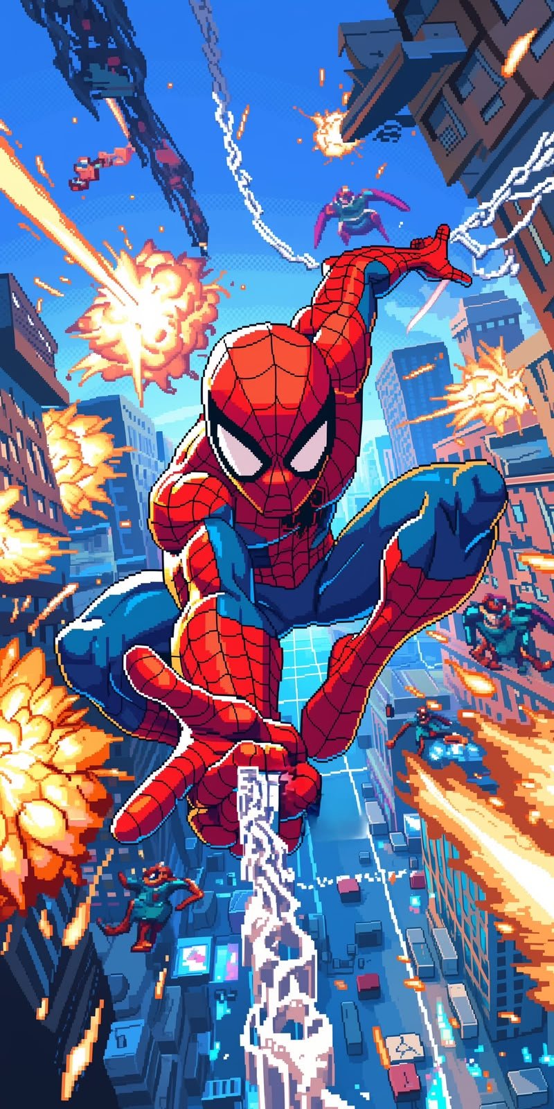 Frazada viajera Marvel: Spider-Man en estilo pixel art saltando entre edificios y explosiones