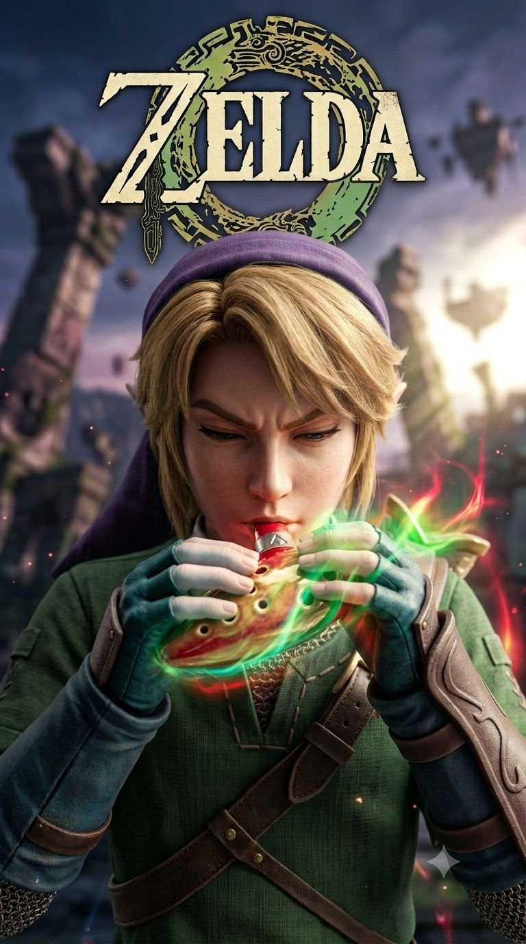 Frazada viajera Nintendo: Link realista tocando la ocarina bajo el logo de Zelda